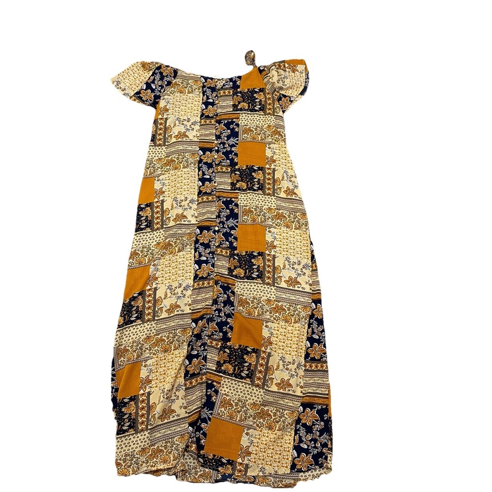 Easel Floral Boho Maxi Dress Gold Navy Women's Size L Off Shoulder Slit